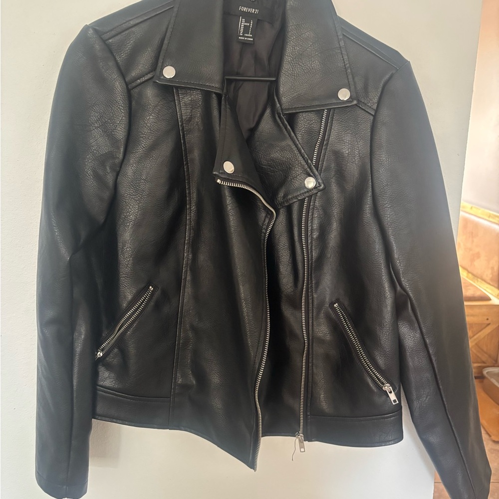Forever 21 Black Leather Motorcycle Jacket with Silver Hardware